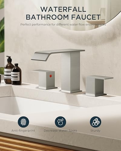 FORIOUS Widespread Bathroom Sink Faucet 3 Hole Brushed Nickel, 2 Handles Waterfall Bathroom Faucet with Metal Pop-up Drain and 24" Hot and Cold Water Hoses, Suitable for Vanity RV Restroom