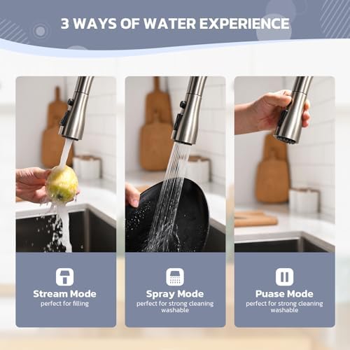 WEWE Kitchen Sink Faucet with Soap Dispenser, Kitchen Faucet with Pull Down Sprayer 3 Modes Stainless Steel Single Handle Single Hole Pull Out Brushed Nickel Faucet for Bar Laundry RV Utility Sink