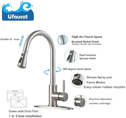 Kitchen Faucets with Pull Down Sprayer, Brushed Nickel High Arc RV Laundry Bar Commercial Sink Faucet, 1 or 3 Hole Stainless Steel Single Handle Faucets for Kitchen Sink with Deck Plate