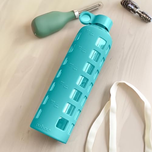 purifyou 40/32/22/12 oz Borosilicate Glass Water Bottles with Volume Markers, Silicone Sleeve, Stainless Steel Lid, Reusable Bottle for Water, Juice, Gym, and Fridge Storage (32oz Aqua Blue)