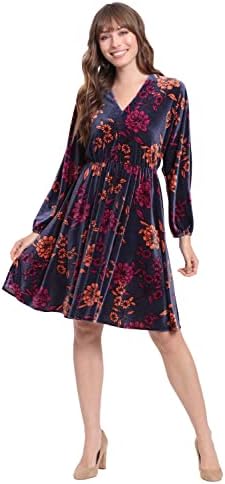 London Times Women's Long Sleeve V-Neck Dress