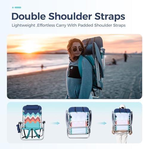 LET'S CAMP Backpack Beach Chair Set of 2, 4-Position Classic Lay Flat, Pillow and Padded Shoulder Straps, Storage Pouch and Towel Bar, Support 250LBS, Wave