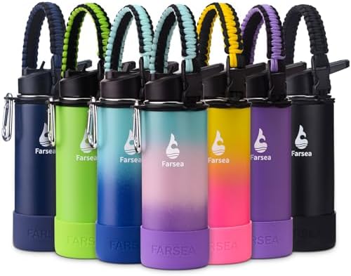 Farsea Insulated Water Bottle With Paracord Handle, Protective Boot and 2 Lids (Straw Lid & Spout Lid), Stainless Steel Water Bottle Wide Mouth, Double Wall Sweat-Proof BPA-Free, 18 oz