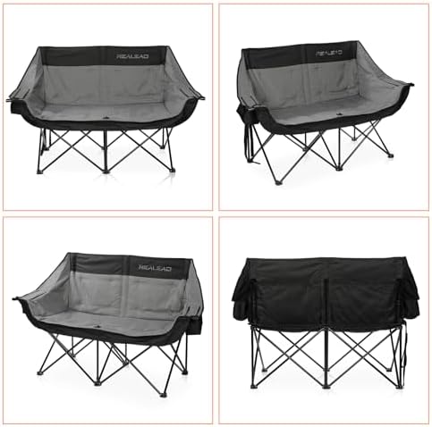 REALEAD Double Camping Chair - Oversized Camping Loveseat for Adults Two Person Support 650 lbs - Heavy Duty Folding Camp Chair with Cooler Bags for Outdoor Sports Beach