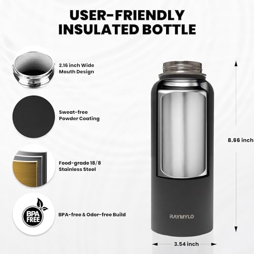 Insulated Water Bottle 32 oz, Triple Wall Vacuum Stainless Steel (Cold for 48 Hrs), Leak Proof & Non-BPA, Modern Water Flask Jug with Paracord Handle & Straw Spout Lids, Magic Black
