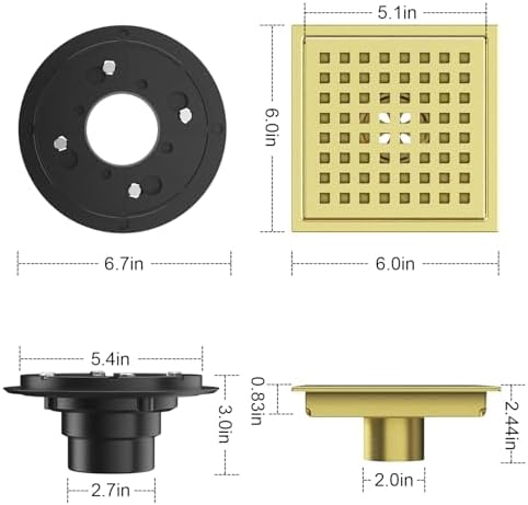 EXF Shower Drain 6 Inch Brushed Gold, Stainless Steel Square Shower Floor Drain Kit with ABS Flange, Removable Cover Grid Grate, Hair Strainer
