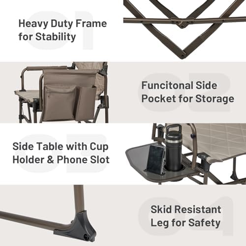 TIMBER RIDGE Heavy Duty Camping Chair with Compact Size, Portable Directors Chair with Side Table and Pocket for Camping, Lawn, Sports and Fishing, Supports Up to 400lbs, Tan