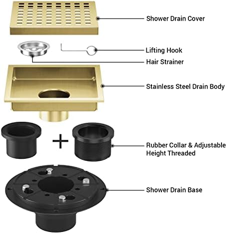 EXF Shower Drain 6 Inch Brushed Gold, Stainless Steel Square Shower Floor Drain Kit with ABS Flange, Removable Cover Grid Grate, Hair Strainer