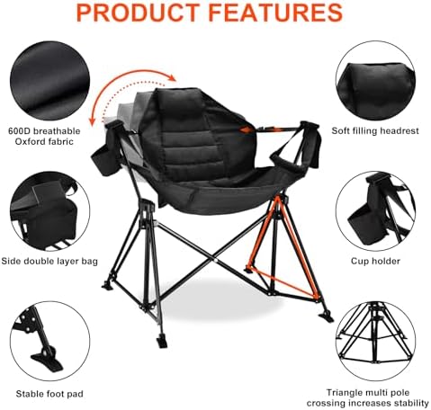 Hammock Camping Chair Folding 350lbs Foldable Portable Rocking Chairs for Adults Outside Swinging Camp with Stand Lawn Garden Hanging Outdoor