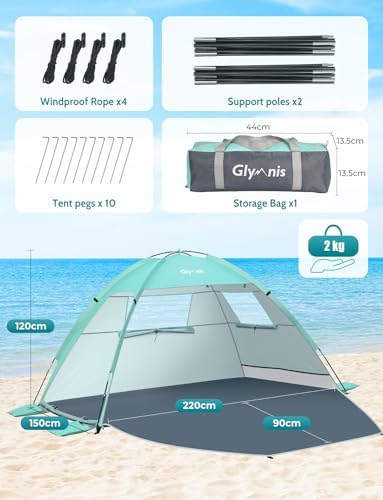 Beach Tent Sun Shelter for 3 Person with UPF 50+ UV Protection, Lightweight & Easy Setup Beach Shade Canopy with Vent Windows & Zippered Door