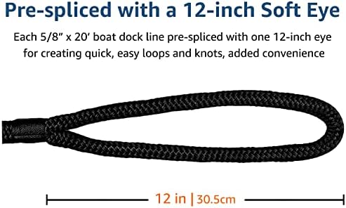 Boat Dock Lines - 5/8" x 20' Double Braided Nylon Dock Rope, Marine-Grade with 15" Loop - Black, 2 Pack