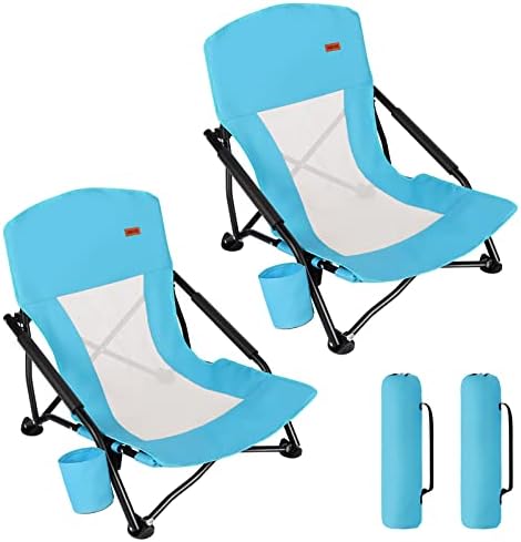TOBTOS Low Beach Chair, Beach Chairs for Adults 2 Pack, Low Profile Folding with Cup Holder & Carry Bag, Heavy Duty Chair for Outdoor Sand, Camping, Concert, Travel