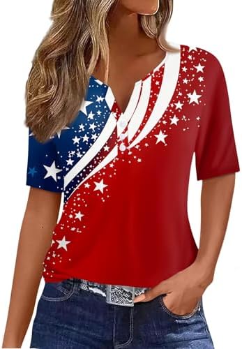 Womens Graphic Tees 4Th of July Henley V Neck 2025 American Flag Button Short Sleeve Independence Summer Shirt