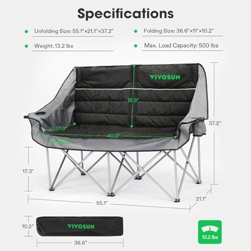 VIVOSUN Double Camping Chair, Fully Padded Folding Loveseat, Oversized Duo Chair with Cup & Wine Glass Holders, Pocket, Armrests & Carry Bag