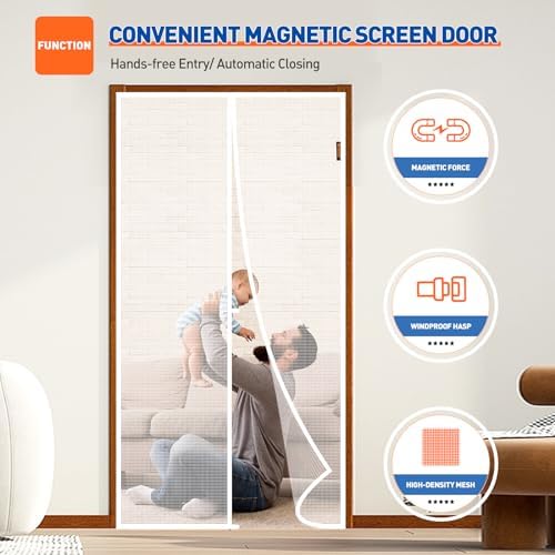 MAGZO Magnetic Screen Door Fit Door Size 36 x 80 Inch, Screen Size 38" x 81" Strong Magnet Door Mesh with Reinforced Hook & Loop for Patio, Sliding, French Door, White