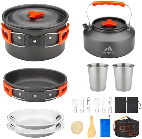 17pcs Camping Cookware Kit, 0.45Gal Pot, 7inches Pan,0.30Gal Kettle Set with 2 Set Stainless Steel Cups Plates Forks Knives Spoons for Hiking,Camping,Backpacking,Outdoor Cooking and Picnic