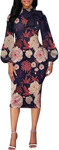 BestGirl Women's Bishop Sleeve Bodycon Dresses Work Casual Floral Print Pencil Midi Dresses