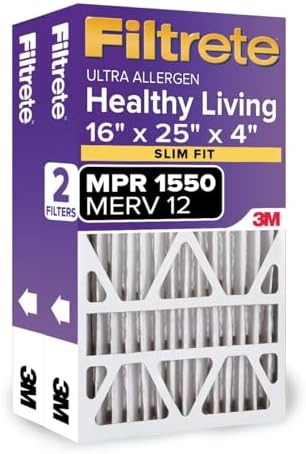 Filtrete 16x25x4(SlimFit), AC Furnace Air Filter, MPR 1550 DP, Healthy Living Ultra Allergen Deep Pleat, 2-Pack, Fits Lennox & Honeywell Devices (exact dimensions 15.5 x 24.5 x 3.75)