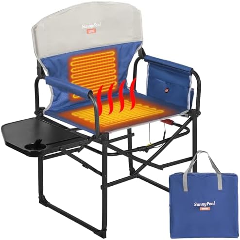 SUNNYFEEL Heated Camping Directors Chair, Heavy Duty,Oversized Outdoor Portable Heating Folding Chair with Side Table, Pocket for Beach, Fishing,Trip,Picnic,Lawn,Concert Foldable Camp Chairs