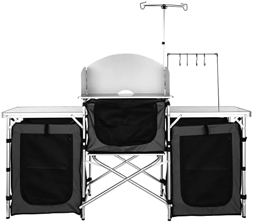VEVOR Camping Kitchen Table, Folding Outdoor Cooking Table with Storage Carrying Bag, Aluminum Cook Station 3 Cupboard & Detachable Windscreen, Quick Set-up for Picnics, BBQ, RV Traveling, Black