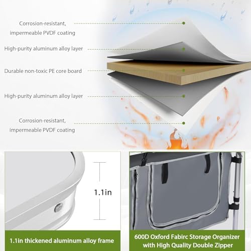 Camping Table, Folding Camping Table with Storage, Portable Kitchen Table, Lightweight, 3 Heights Adjustable Camping Furniture for BBQ, Picnic, Camping, Hiking, Beach, and Indoor