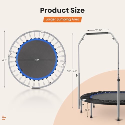 Sweetcrispy 40" in/48 in Mini Fitness Trampoline - 330LBS Foldable Exercise Rebounder with Adjustable Handle, Stable and Quiet, for Adults Indoor/Outdoor Workout