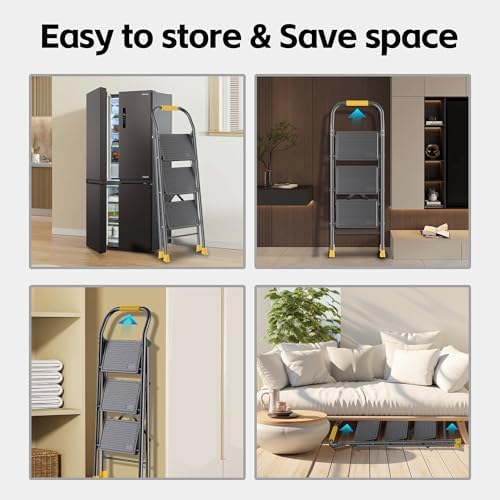 Step Ladder Foldable Folding Stool - for Home Adults Kitchen 3 Stepping Extension Tall Heavy Duty with Handrails - Closet Stepstool Stair Ladders Extendable Stepladder for Indoor House 600Lbs