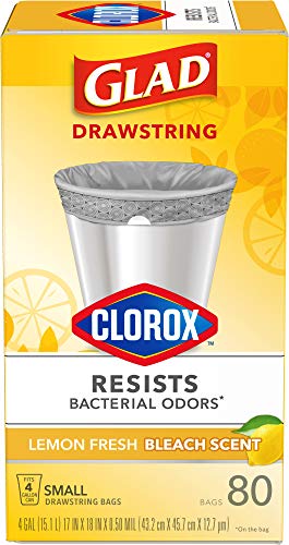 Glad Small Trash Bags 4 Gallon, Lemon Fresh Bleach Garbage Bags, Odor Resistant with Drawstring, 80 Count