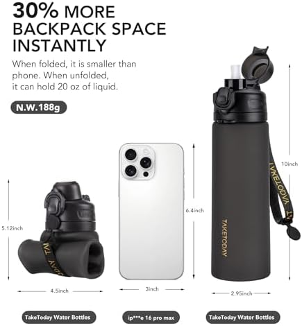 Collapsible Water Bottles 20oz, Leak Proof, BPA-Free, Foldable Silicone Travel Water Bottle with Straw Strap for Cycling, Hiking, Outdoors