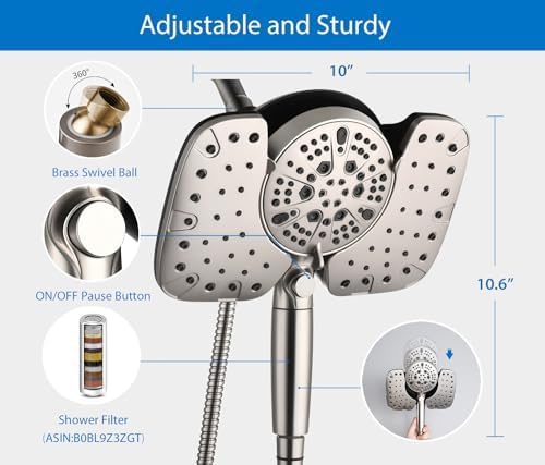 Nickel 2.5GPM Shower Head with Handheld High Pressure: 10” Rainfall Shower Head & HandHeld Shower Head, 10 Spray Settings Detachable Shower Head with ON/OFF Switch and 15-Stage Filter