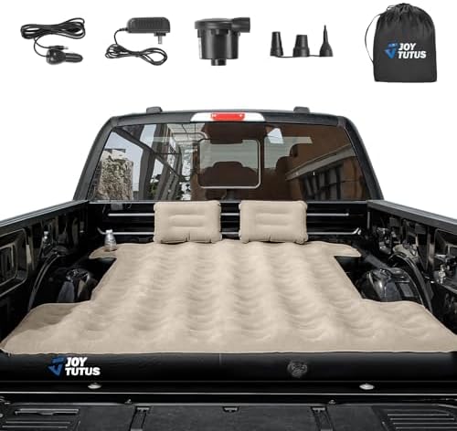 JOYTUTUS Truck Bed Mattress for 5.5-5.8Ft, Full Size Inflatable Mattress Pickup Short Beds for Outdoor Camping, with Carry Bag & Cup Holder & Cavity Design, Camel&Black