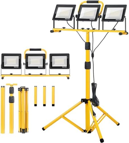 21000Lumen LED Work Lights with Stand - 3 Head Portable Work Light with 16FT Cord - IP66 Waterproof Tripod Worklights for Outdoor Indoor Job Site Workshop Garage Construction Site Lighting