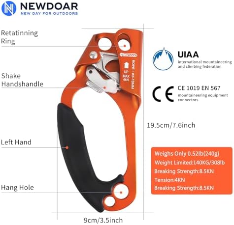 NewDoar UIAA & CE Certified Hand Ascender Rock Climbing Tree Arborist Rappelling Gear Equipment Rope Clamp for 8~13MM Rope