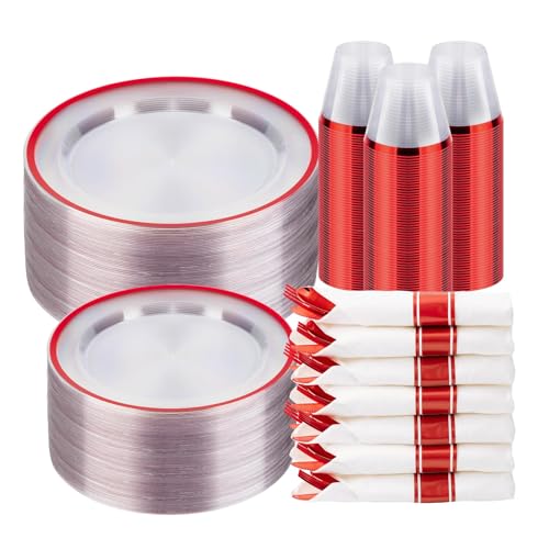 BESTSTAR 350PCS Clear and Red Disposable Plates Set for 50 Guests, 100 Plastic Plates, 50 Plastic Cups, 50 Pre-Rolled Napkins with Cutlery for Party, Christmas, Thanksgiving, Birthday, Halloween