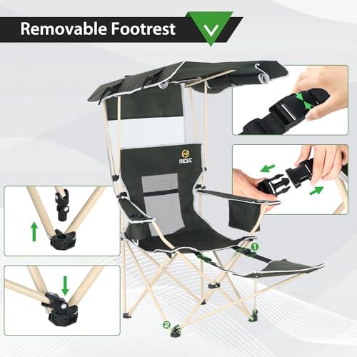 Nice C 2-P Green Camping Chair with Canopy, Shades, Removable Footrest, Cooler Bag, Cup Holder, Foldable, Portable, Outdoor, 400 lbs Capacity