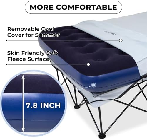FUNDANGO Queen Camping Cot, 2 Person Folding Airbed Mattress, Double Camp Bed with 2 Cup Holders, Removeable Cover for Adults Outdoor Travel,Carry Bag Included (Grey)