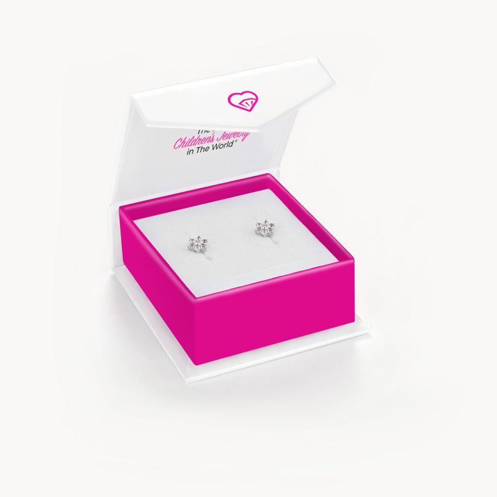 In Season Jewelry CZ Flower Kids Earrings - 925 Sterling Silver Hypoallergenic Earrings for Girls with Secure Screw Backs - Safe & Comfortable for Toddlers, Kids & Little Girls, Clear & Pink