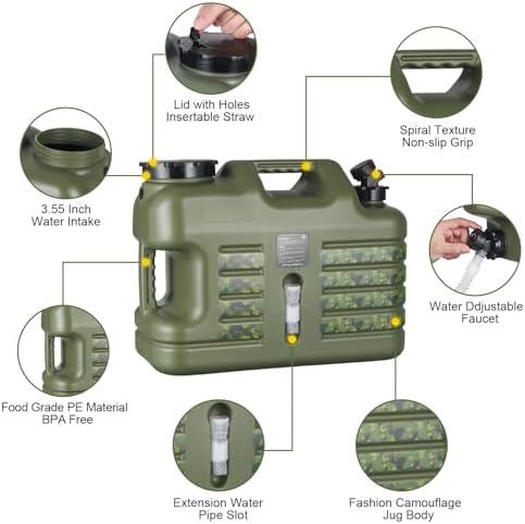 3 Gallon/5 Gallon Water Jug with Spigot, Portable Water Tank BPA Free, Leak-Proof Water Containers for Camping Water Storage Containers for Emergency Outdoor Hiking Picnic, Green/Yellow/White