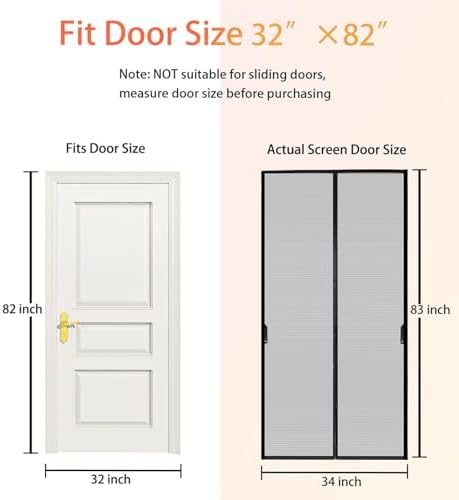 Magnetic Screen Door, Fit for Door Size:32"x82", Screen Itself Size 34"x83" Hands Free Entry, Pet and Kid Friendly, Reinforced Fiberglass Screen Door Mesh w/ 36 Strong Magnets for Patio/Front/Doorway