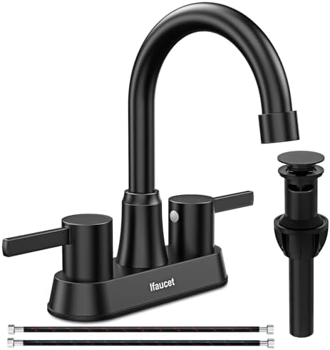 Black Bathroom Faucet 3 Hole, Bathroom Faucets for Sink 3 Hole, Bathroom Sink Faucet, 4 Inch 2 Handle Centerset, Lead-Free, with Copper Pop Up Drain (Matte Black)