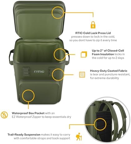 RTIC 24 Can Ultra-Tough Backpack Cooler, Insulated, Waterproof, Leak Proof, Portable Floating Bag for Beverage, Drink, Lunch, Outdoor, Beach, Car, Camping, Picnic, Fishing, Boat