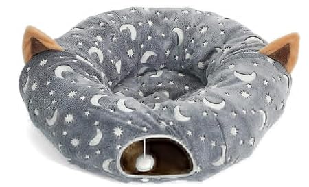 LUCKITTY Cat Tunnel Bed Under Christmas Tree with Plush Ball Toy Playground Crinkle Collapsible Self-Luminous Flannel Fabric 3FT for Large Cats Kittens Kitty Small Animals Puppy Grey Moon Star