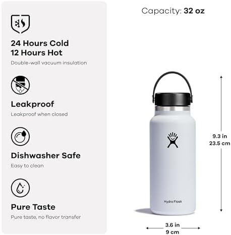 Hydro Flask Wide Mouth vacuum insulated stainless steel water bottle with leakproof closeable lid for cold water drinks, sports, travel, car and school