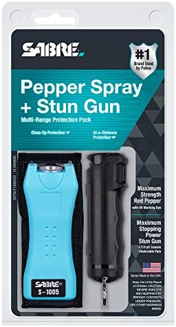 SABRE Pepper Spray & 2-in-1 Stun Gun with Flashlight, Self Defense Kit, Fast Flip Top Safety, Finger Grip for Better & Faster Aim, Painful 1.60 µC Charge, 120 Lumen LED Light, Rechargeable, 0.54 fl oz