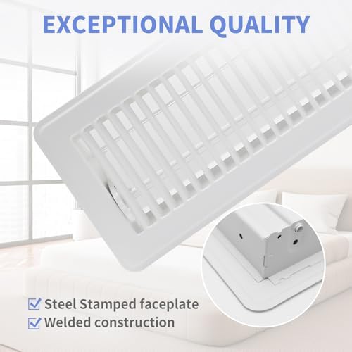 4x14 Inch Floor Register - Heavy Duty Steel Walkable Floor Vents - Easy Adjust Air Supply Lever - Vent Covers for Home (White)