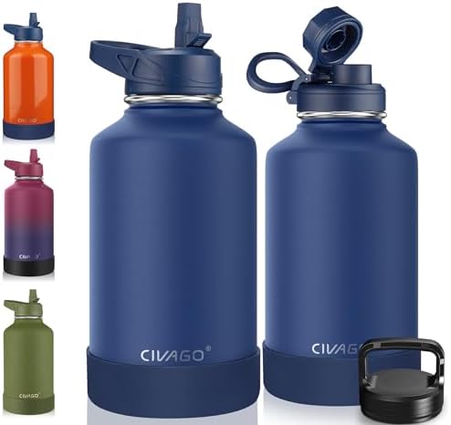 CIVAGO 64 oz Insulated Water Bottle With Straw, Half Gallon Stainless Steel Sports Water Flask Jug with 3 Lids (Straw, Spout and Handle Lid), Large Metal Thermal Cup Mug, Navy Blue