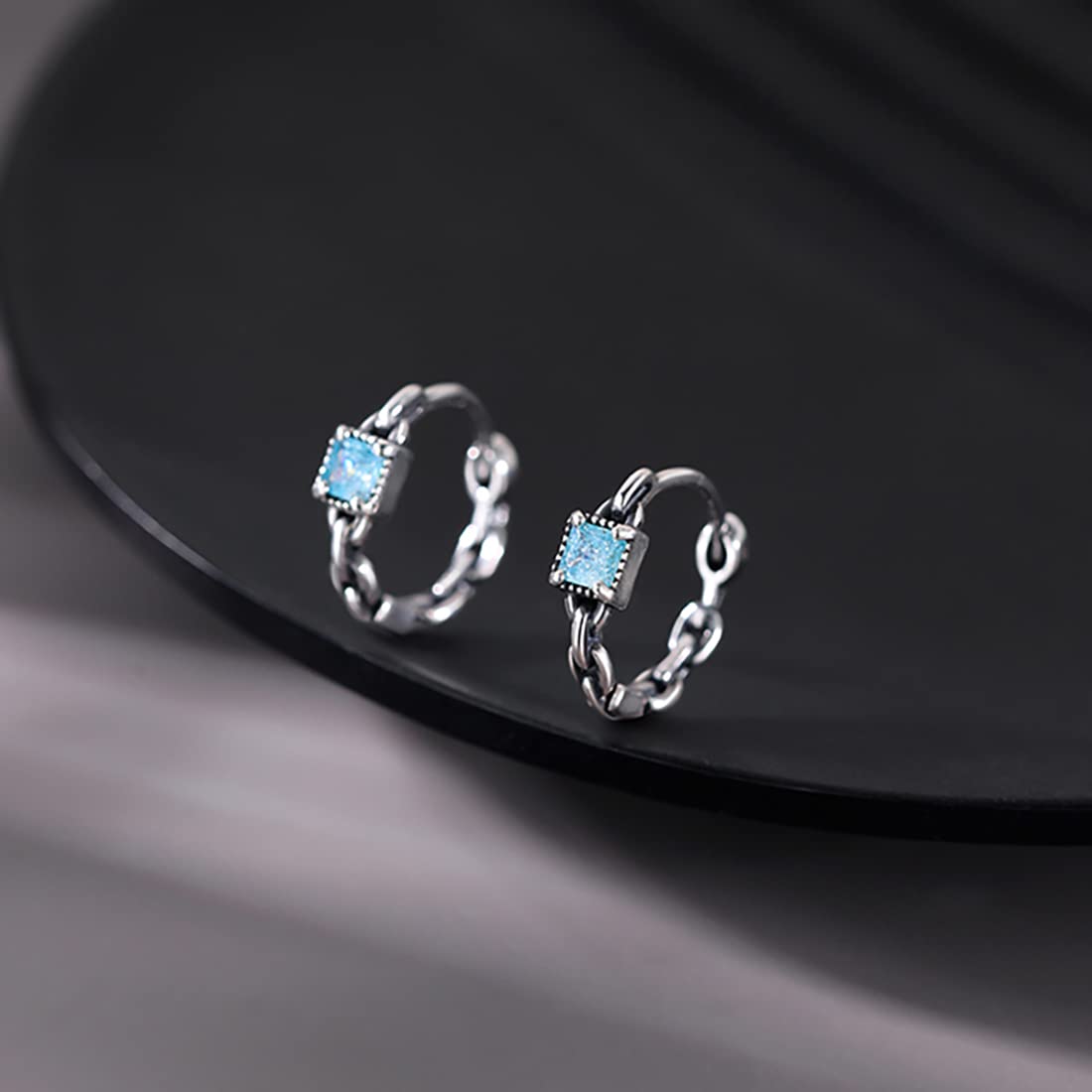 SLUYNZ 925 Sterling Silver Blue CZ Hoop Earrings for Women Teen Girls Retro Huggie Hoop Earrings