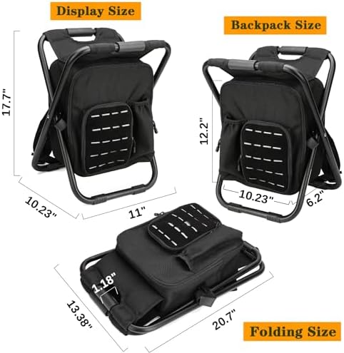 MOZETO Backpack Stool Cooler Chair with Molle Pocket and American Flag Patche, Portable Folding Fishing Stool for Outdoor Walking Hiking Camping