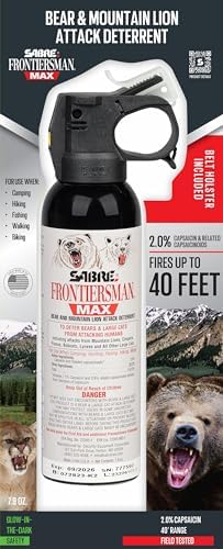 SABRE Frontiersman MAX Bear Spray – 40 ft Range, Maximum Strength, The Only EPA-Registered Spray for Bears & Mountain Lions, 7.9 oz, Glow Safety Clip, Outdoor Hiking & Camping Protection