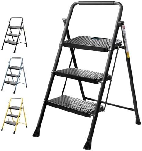 TICONN 3 Step Ladder, Heavy Duty Foldable Step Stool, Portable Steel Folding Stool for Household Garage Storage (Black)